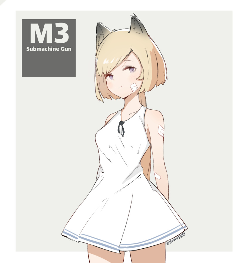 1girl, animal_ears, arms_behind_back, bandaid, bandaid_on_arm, bandaid_on_face, blonde_hair, breasts, character_name, commentary, cowboy_shot, dress, girls_frontline, grey_background, highres, kemonomimi_mode, long_hair, looking_at_viewer, m3_(girls'_frontline), medium_breasts, nauwa, ponytail, smile, solo, twitter_username, violet_eyes, white_dress