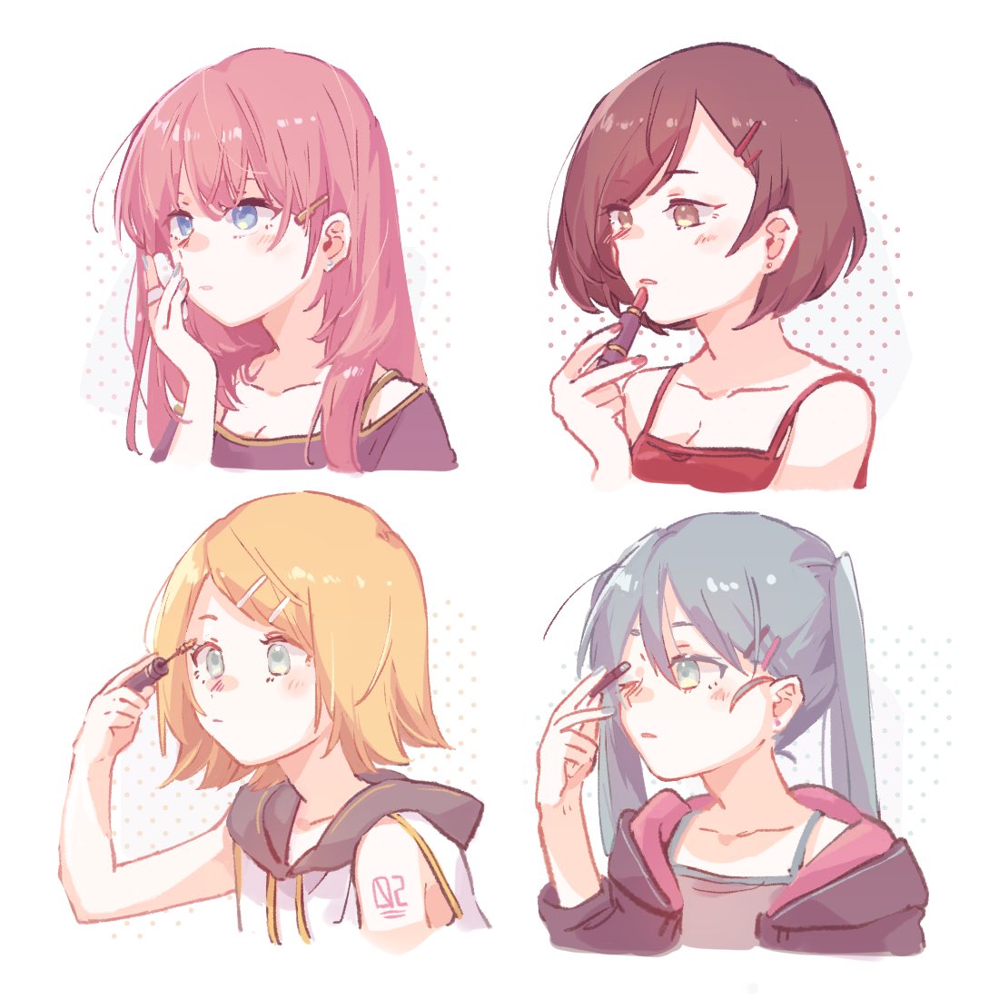 4girls, applying_makeup, aqua_eyes, aqua_hair, aqua_nails, bangs, blonde_hair, blue_eyes