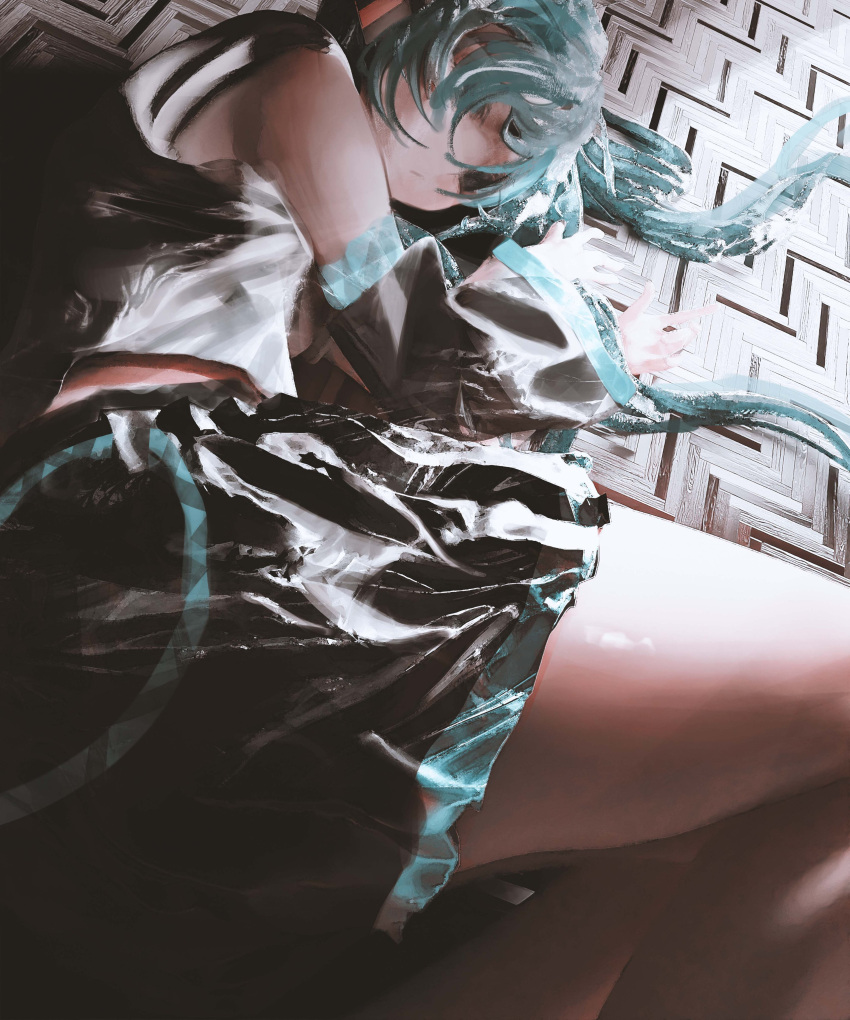 1girl, 3d, absurdres, aqua_eyes, aqua_hair, bare_shoulders, black_skirt, black_sleeves