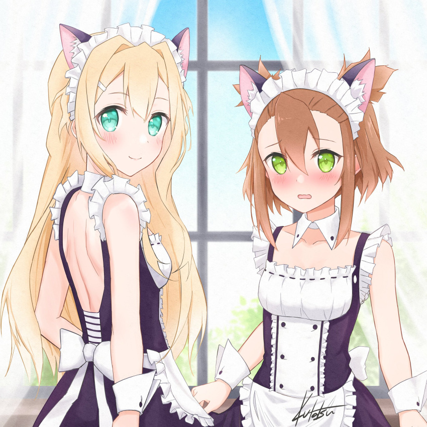 2girls, alternate_costume, animal_ears, apron, bangs, black_dress, blonde_hair, blush