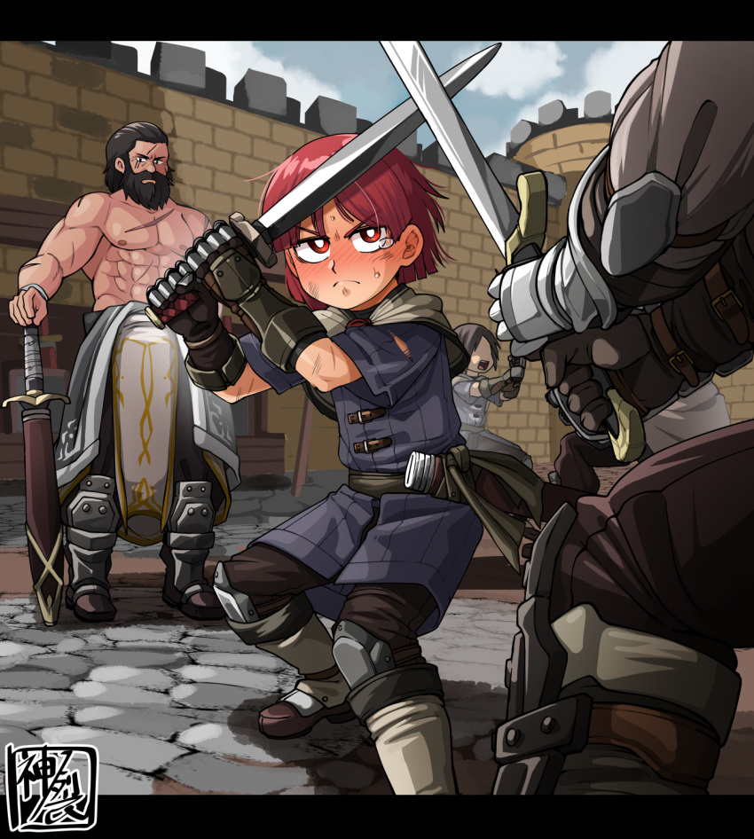 armor, armored_boots, armored_dress, boots, castle, clouds, commentary_request, fantasy
