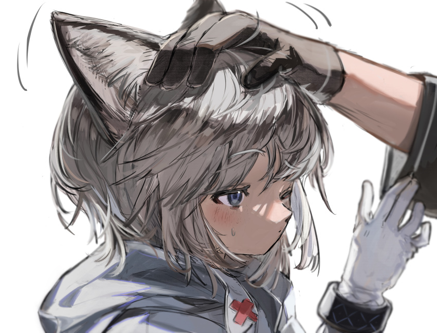 1girl, 1other, absurdres, animal_ear_fluff, animal_ears, arknights, black_gloves, blue_eyes