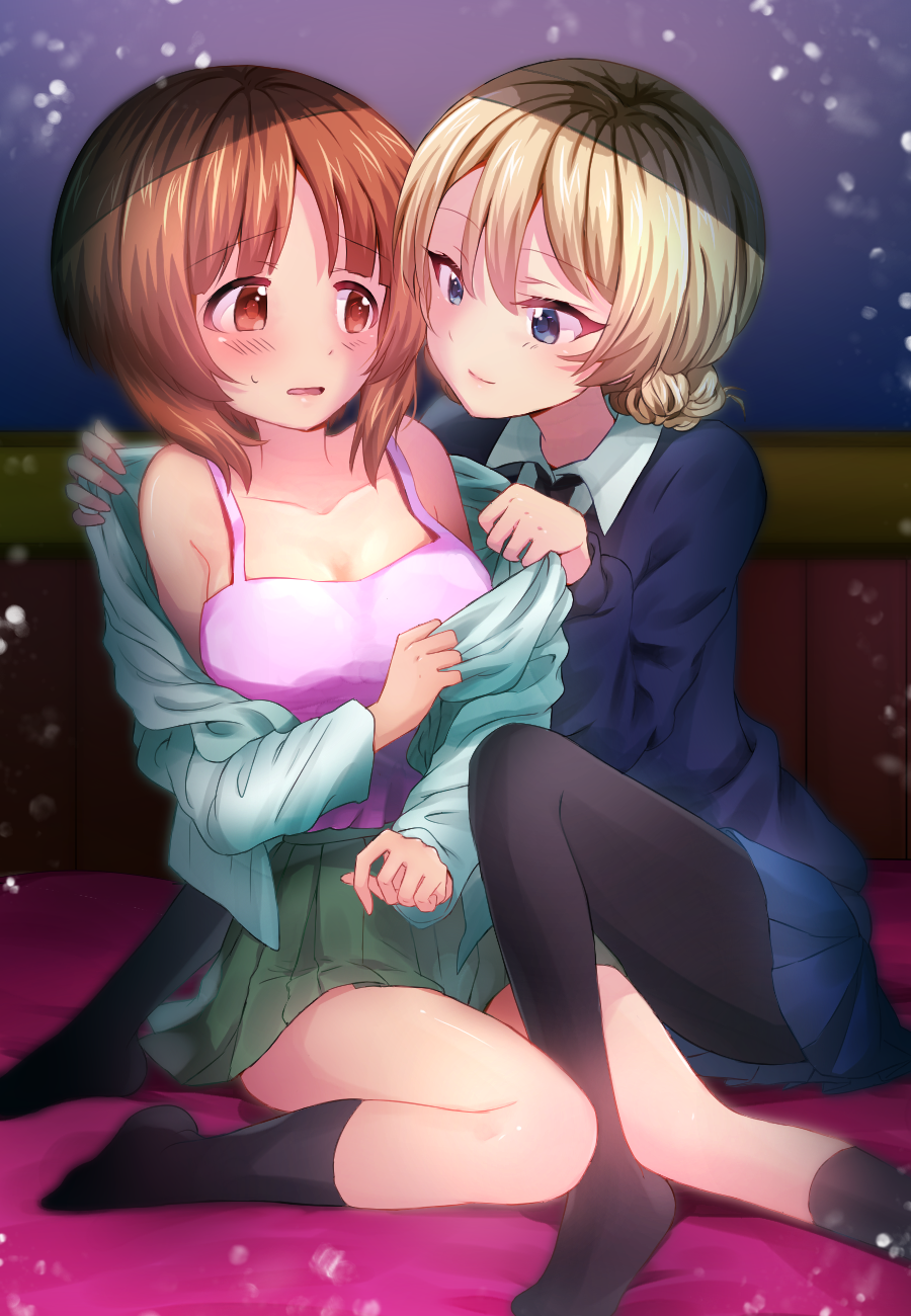 2girls, bangs, black_legwear, blonde_hair, blouse, blue_eyes, blue_skirt, blue_sweater, blush, braid, brown_eyes, brown_hair, camisole, closed_mouth, clothes_pull, darjeeling_(girls_und_panzer), dress_shirt, eyebrows_visible_through_hair, frown, girls_und_panzer, highres, indoors, light_particles, long_sleeves, looking_at_another, miniskirt, multiple_girls, nishizumi_miho, no_shoes, on_bed, ooarai_school_uniform, open_blouse, open_clothes, open_mouth, pantyhose, pink_shirt, pleated_skirt, pulled_by_another, rurikoke, school_uniform, serafuku, shirt, shirt_pull, short_hair, sitting, skirt, smile, st._gloriana's_school_uniform, straddling, sweatdrop, sweater, tied_hair, undressing_another, wariza, white_blouse, white_shirt, wing_collar, yuri