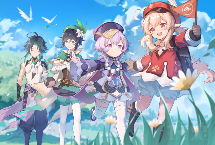 2boys, 2girls, :d, absurdres, backpack, bag, bangs, beret, bird, blonde_hair, blue_eyes, blue_headwear, blue_shirt, blue_sky, blurry, blurry_background, boots, brown_footwear, brown_gloves, cape, chinese_clothes, closed_mouth, clouds, cloudy_sky, facial_mark, fengtu_ad, forehead_mark, genshin_impact, gloves, grass, green_cape, green_eyes, green_hair, green_headwear, green_pants, green_shorts, hat, highres, holding, jiangshi, klee_(genshin_impact), long_sleeves, medium_hair, multiple_boys, multiple_girls, open_mouth, outdoors, outstretched_arms, pants, pointy_ears, purple_hair, qiqi_(genshin_impact), red_eyes, red_headwear, red_shirt, running, shirt, shorts, sky, sleeveless, sleeveless_shirt, smile, thigh-highs, tree, twintails, venti_(genshin_impact), violet_eyes, white_legwear, white_shirt, xiao_(genshin_impact)