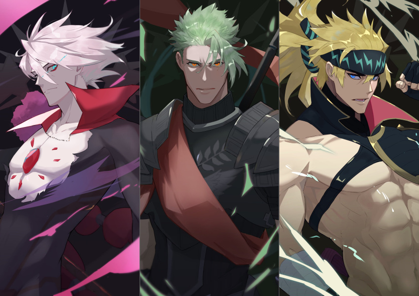 3boys, abs, absurdres, achilles_(fate), armor, bangs, bishounen, blonde_hair