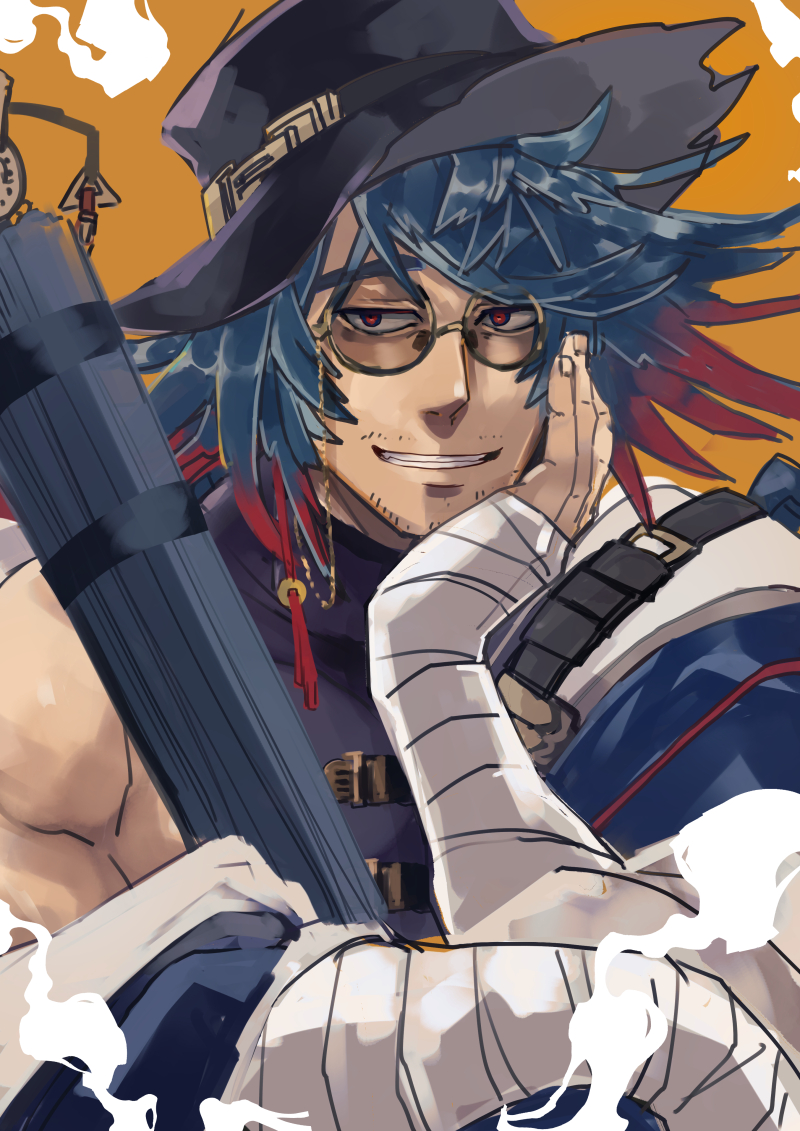 1boy, arknights, bandaged_arm, bandaged_hand, bandaged_wrists, bandages, black_headwear, blue_hair