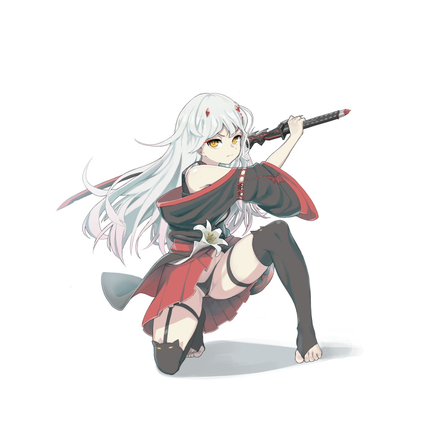 1girl, absurdres, animal_ear_legwear, ass_visible_through_thighs, black_legwear, black_panties, bright_pupils, cat_ear_legwear, closed_mouth, commission, daffodil, euaa, eyeliner, flower, frown, full_body, garter_straps, hair_ornament, highres, kneeling, long_hair, looking_at_viewer, makeup, original, panties, pleated_skirt, red_eyeliner, ribbon_trim, simple_background, skirt, solo, string_panties, sword, thigh-highs, thigh_strap, tio_(axia), toeless_legwear, underwear, weapon, white_background, white_hair, wide_sleeves, yellow_eyes