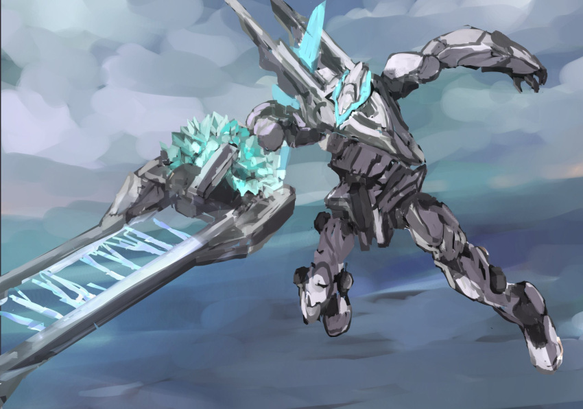 clouds, crystal, flying, highres, holding, holding_sword, holding_weapon, looking_ahead