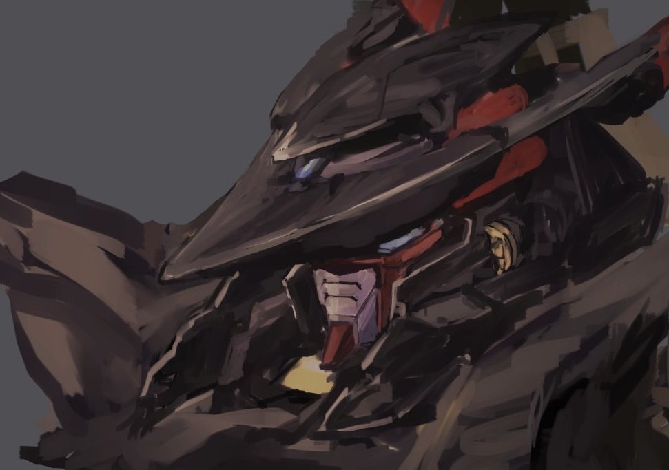 blue_hair, from_side, grey_background, gundam, gundam_astray_gold_frame_amatsu_mina_custom, gundam_seed, gundam_seed_astray, looking_ahead