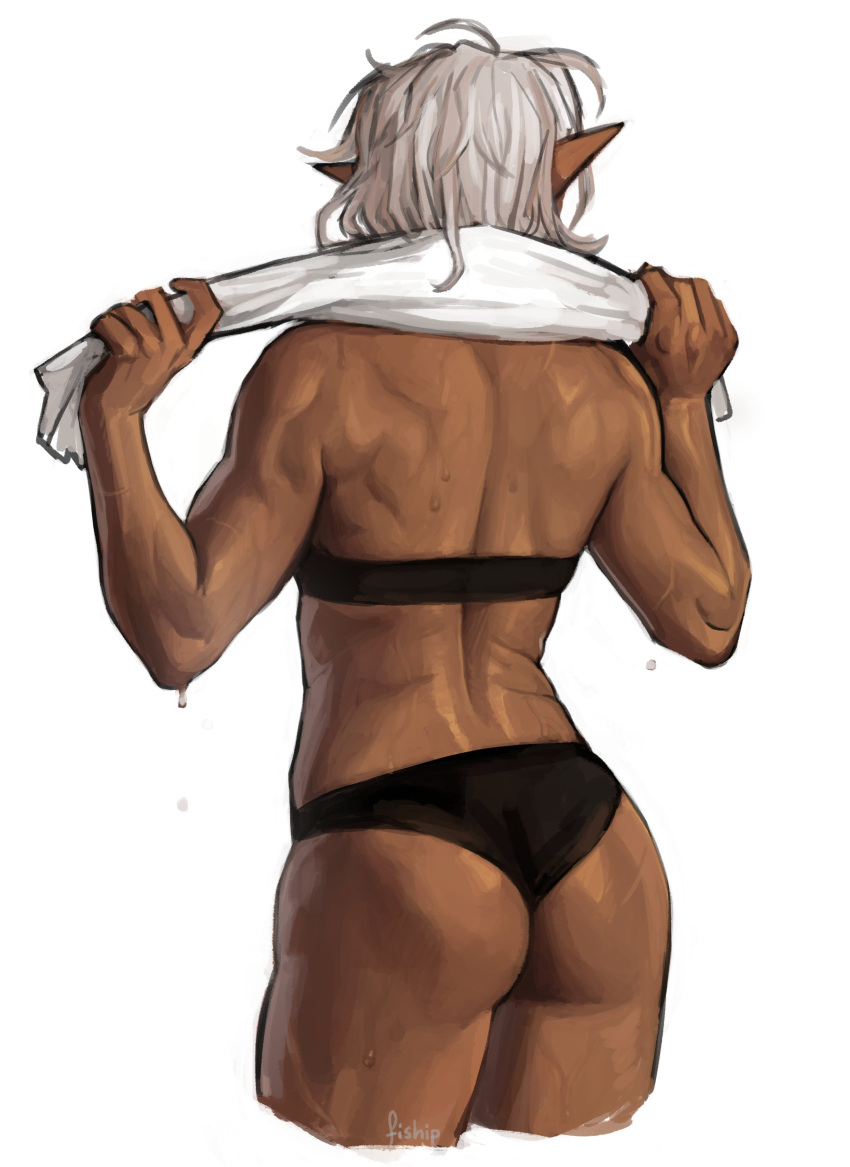 1girl, absurdres, artist_name, ass, back, black_bra, black_panties, bra