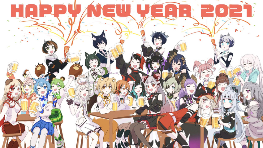 2021, 6+girls, 774_inc., ahoge, alcohol, and_uge, animal_ears, animal_hands, animare, bangs, beer, beer_mug, black_bow, black_bowtie, black_hair, black_headwear, black_hoodie, black_jacket, black_legwear, black_pants, black_ribbon, black_shirt, black_skirt, black_sports_bra, black_vest, blonde_hair, blue_bandana, blue_eyes, blue_hair, blue_skirt, bob_cut, boots, bow, bowtie, braid, breasts, brown_footwear, brown_hair, brown_ribbon, brown_shirt, brown_skirt, cabbie_hat, cat_ears, chain, chair, character_request, closed_eyes, closed_mouth, collared_shirt, commentary_request, crop_top, cropped_jacket, crown, cup, demon_girl, demon_horns, demon_tail, dog, dog_ears, dress, ear_chain, ear_piercing, earrings, eyebrows_visible_through_hair, eyepatch, feet_out_of_frame, frilled_cuffs, frilled_skirt, frills, gin_(tttetu123), ginneko_nanashi, gloves, green_bow, green_bowtie, green_eyes, green_footwear, green_hair, grey_eyes, grey_hair, hair_bun, hair_cones, hair_ribbon, happy_new_year, hashiba_natsumi_(animare), hat, head_wings, heart, heart_print, highres, hira_hikari, honey_strap, hood, hoodie, horns, inaba_haneru_(animare), jacket, jewelry, kazami_kuku, kisaki_anko, kojo_anna, komori_met, kuroneko_nanashi, large_breasts, long_hair, long_sleeves, looking_at_viewer, medium_hair, mikeneko_nanashi, mug, multicolored_hair, multiple_girls, neck_ribbon, neckerchief, necktie, new_year, one_eye_closed, open_clothes, open_jacket, open_mouth, open_vest, orange_eyes, orange_hair, orange_hoodie, orange_neckerchief, pants, party, party_popper, paw_gloves, piercing, pink_eyes, pink_hair, pointy_ears, polka_dot_bandana, polka_dot_bowtie, polka_dot_neckerchief, purple_hair, red_eyes, red_necktie, red_sports_bra, redhead, ribbon, ryugasaki_rene, saionji_mary, sekishiro_mico, shimamura_charlotte, shiromiya_mimi, shirt, shishio_chris, shoes, short_hair, side_braid, single_braid, single_head_wing, sitting, skirt, smile, sneakers, sports_bra, streaked_hair, sugar_lyric, suou_patra, suspenders, table, tail, thigh-highs, twintails, two-tone_hair, two_side_up, under_boob, v_ap_art, vest, violet_eyes, virtual_youtuber, white_background, white_dress, white_hair, white_shirt, white_vest, wrist_cuffs, yellow_eyes, yunohara_izumi