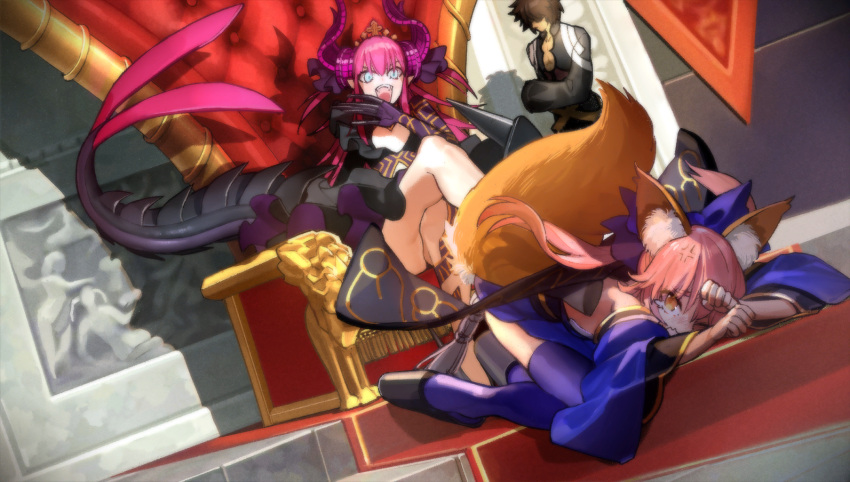 1boy, 2girls, anger_vein, animal_ear_fluff, animal_ears, archimedes_(fate), arm_tattoo, black_coat