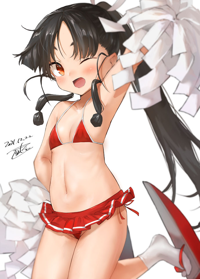1girl, artist_name, bikini, black_hair, blush, brown_eyes, cheering, cheerleader