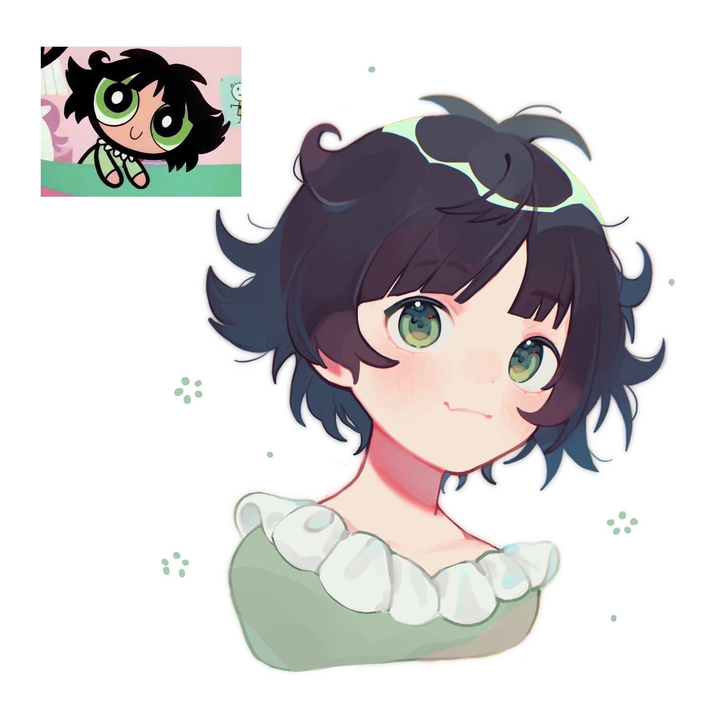 1girl, bangs, black_hair, blush, buttercup_(ppg), buttercup_redraw_challenge, derivative_work, green_eyes
