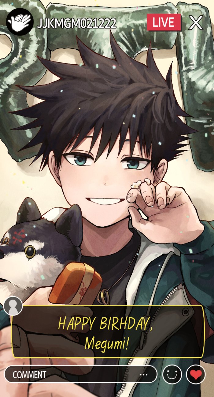 1boy, bangs, black_hair, black_shirt, blue_eyes, blue_jacket, cream, cream_on_face, ddub1618, food, food_on_face, fushiguro_megumi, grin, hand_up, happy_birthday, highres, holding, jacket, jewelry, jujutsu_kaisen, livestream, long_sleeves, looking_at_viewer, male_focus, necklace, shirt, short_hair, smile, solo, spiky_hair, stuffed_toy, upper_body, younger