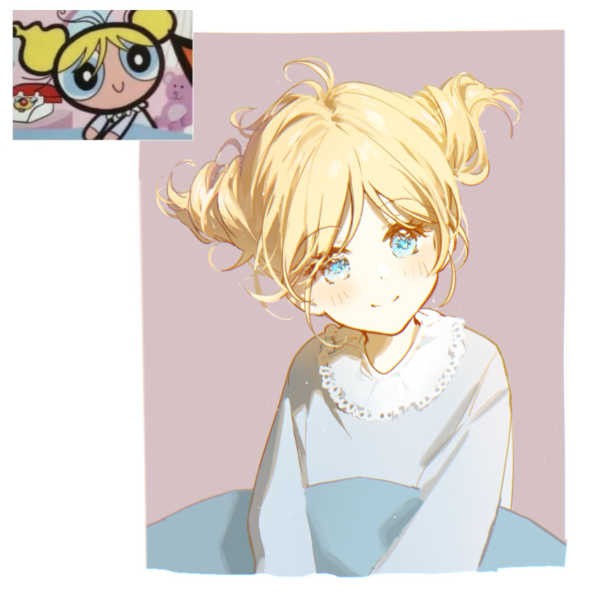 1girl, blonde_hair, blue_eyes, blue_pajamas, blush, buttercup_redraw_challenge, derivative_work, eyebrows_visible_through_hair