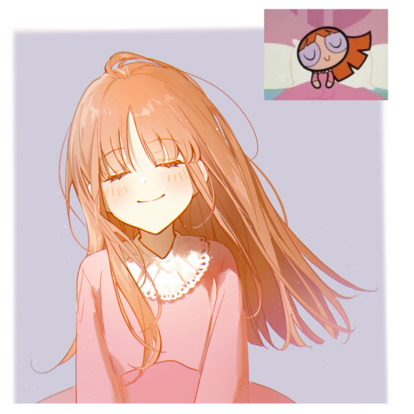 1girl, blossom_(ppg), blush, buttercup_redraw_challenge, closed_eyes, derivative_work, eyebrows_visible_through_hair, highres