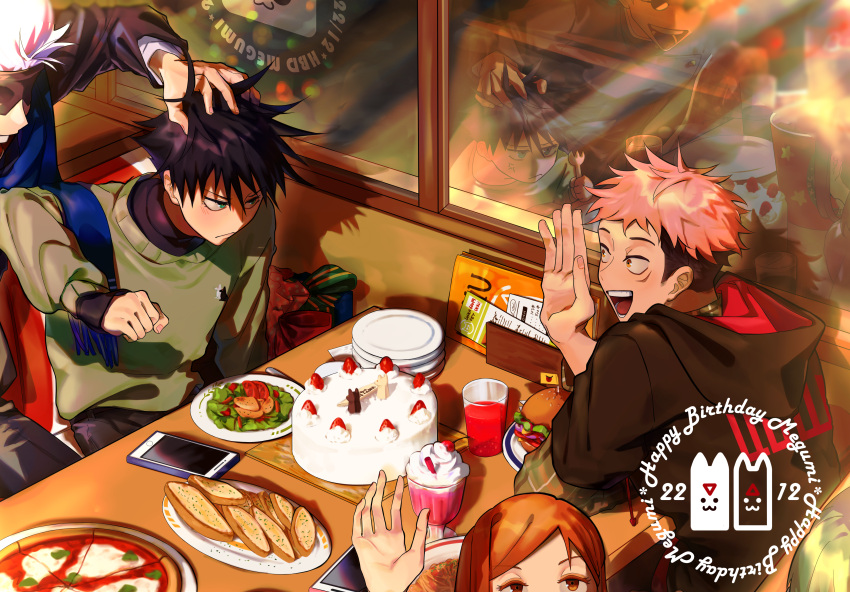 2girls, 3boys, :d, absurdres, anger_vein, bangs, birthday_cake, black_blindfold