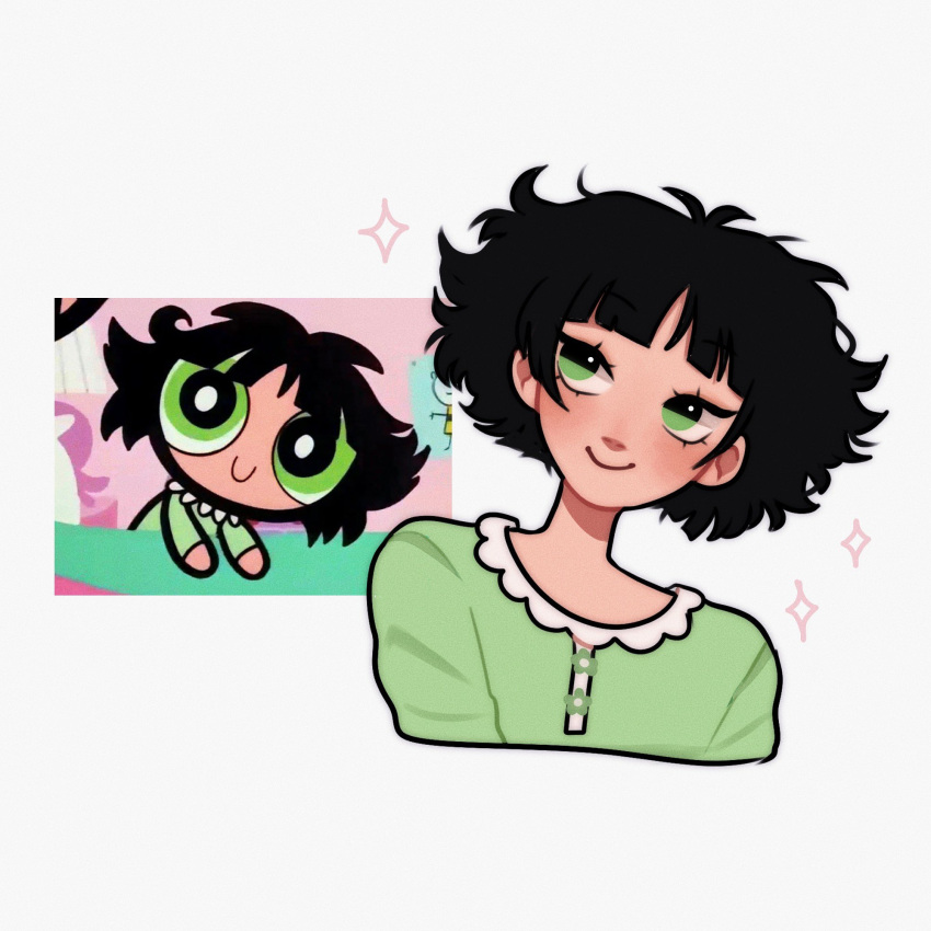 1girl, black_hair, blush, buttercup_(ppg), buttercup_redraw_challenge, cropped_torso, derivative_work, green_eyes