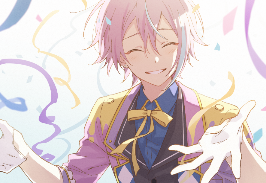 1boy, argyle, argyle_jacket, backlighting, blue_hair, blue_shirt, blurry, blurry_background