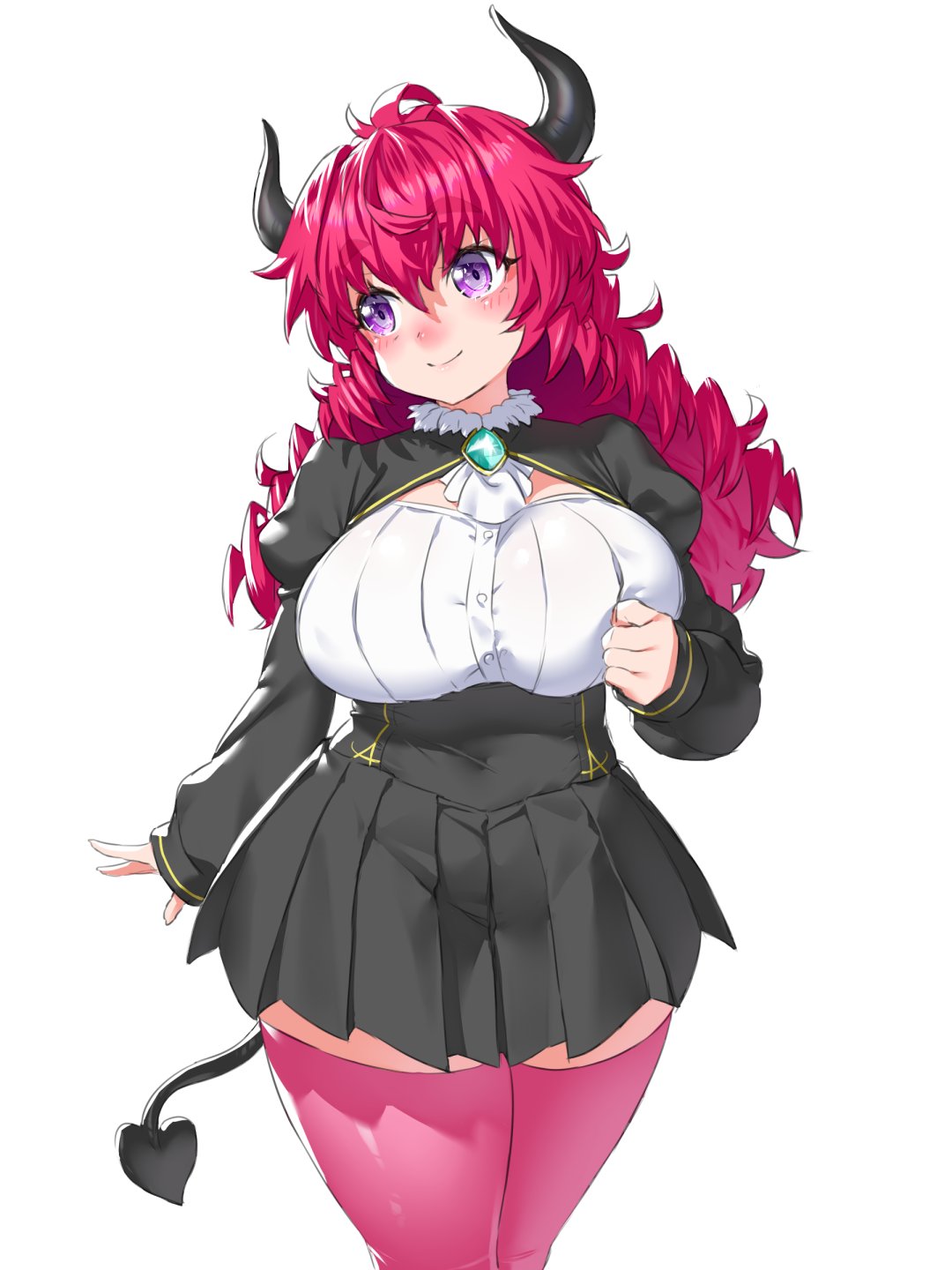 1girl, alma_(onsoku_inu), blush, breasts, brown_skirt, closed_mouth, covered_navel, demon_horns