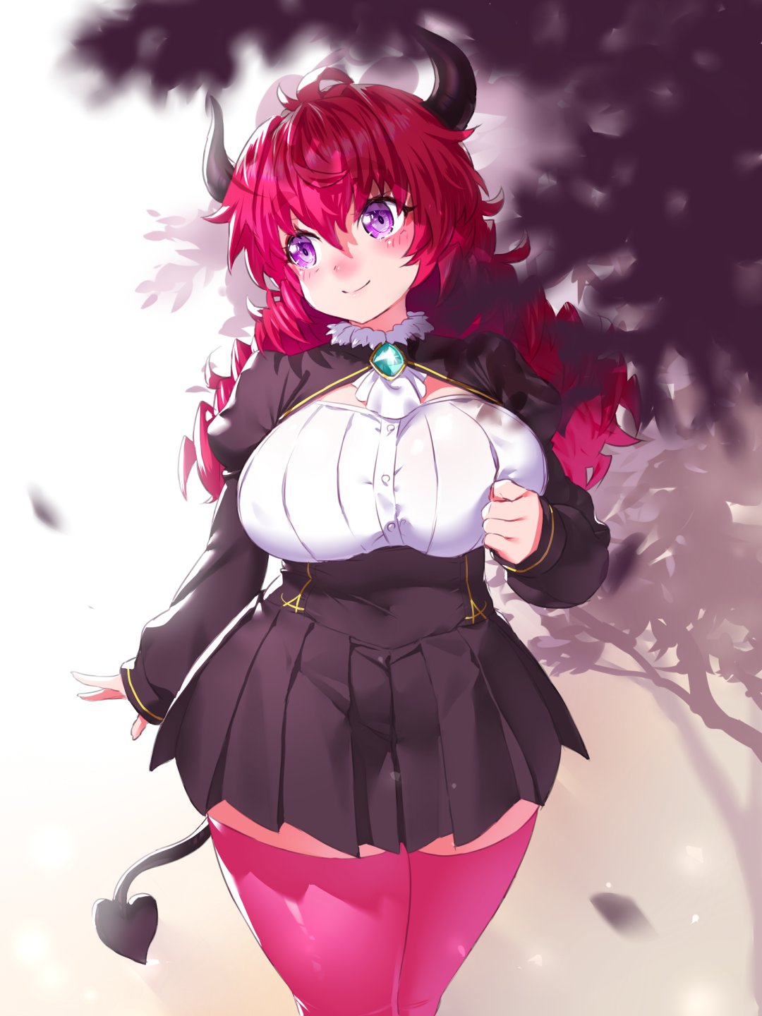 1girl, alma_(onsoku_inu), blush, breasts, brown_skirt, closed_mouth, covered_navel, demon_horns