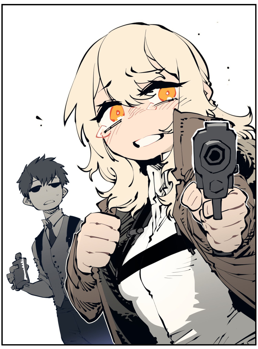 1boy, 1girl, aiming_at_viewer, blonde_hair, blush, border, brown_jacket, canteen, commentary_request, excalibur_(player), finger_on_trigger, gun, highres, holding, holding_gun, holding_weapon, jacket, looking_at_viewer, necktie, orange_eyes, parted_lips, player_(webtoon), shirt, simple_background, ssambatea, sweatdrop, tears, vest, waiter, weapon, white_background, white_border, white_shirt