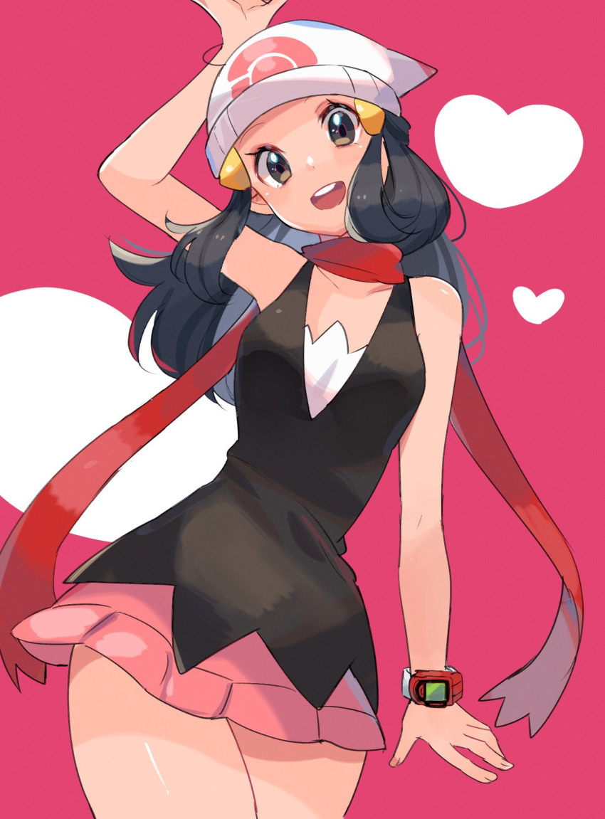 1girl, :d, arm_up, beanie, black_shirt, bracelet, collarbone, commentary_request