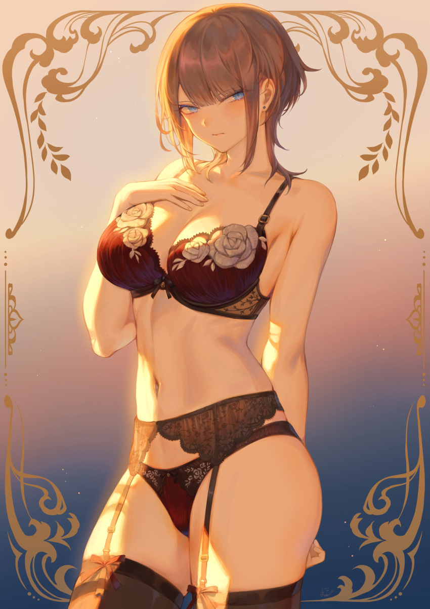 1girl, bangs, bare_shoulders, blue_eyes, blush, bow, bra, breasts