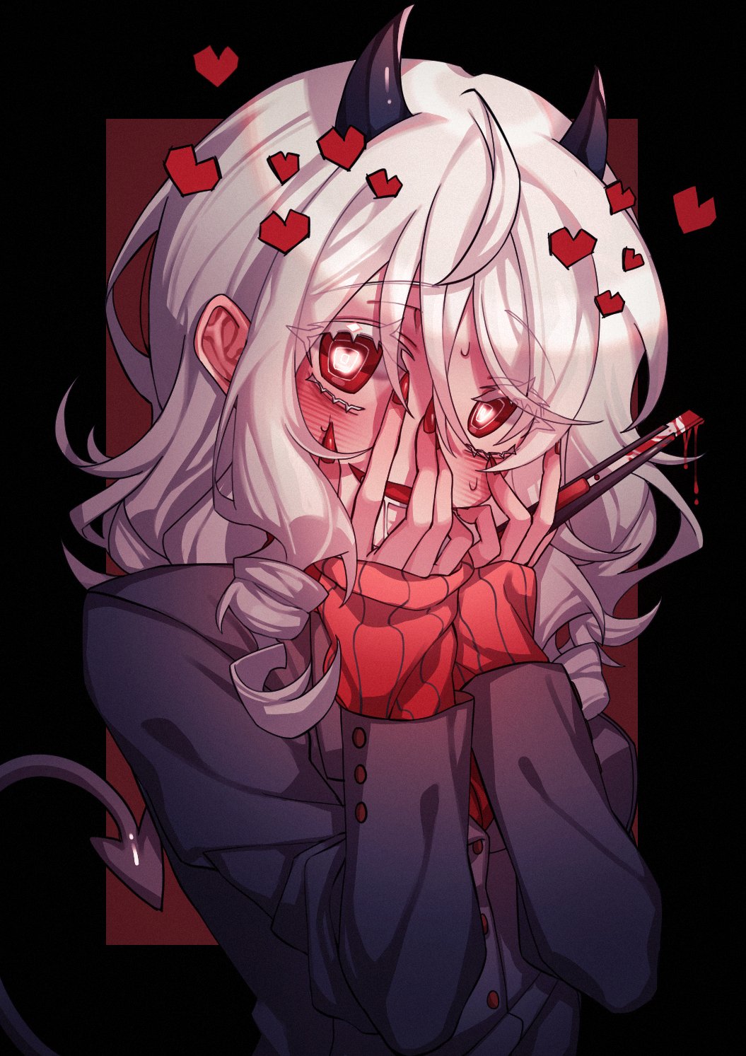 1girl, bangs, black_background, black_jacket, blush, breasts, demon_girl, demon_horns