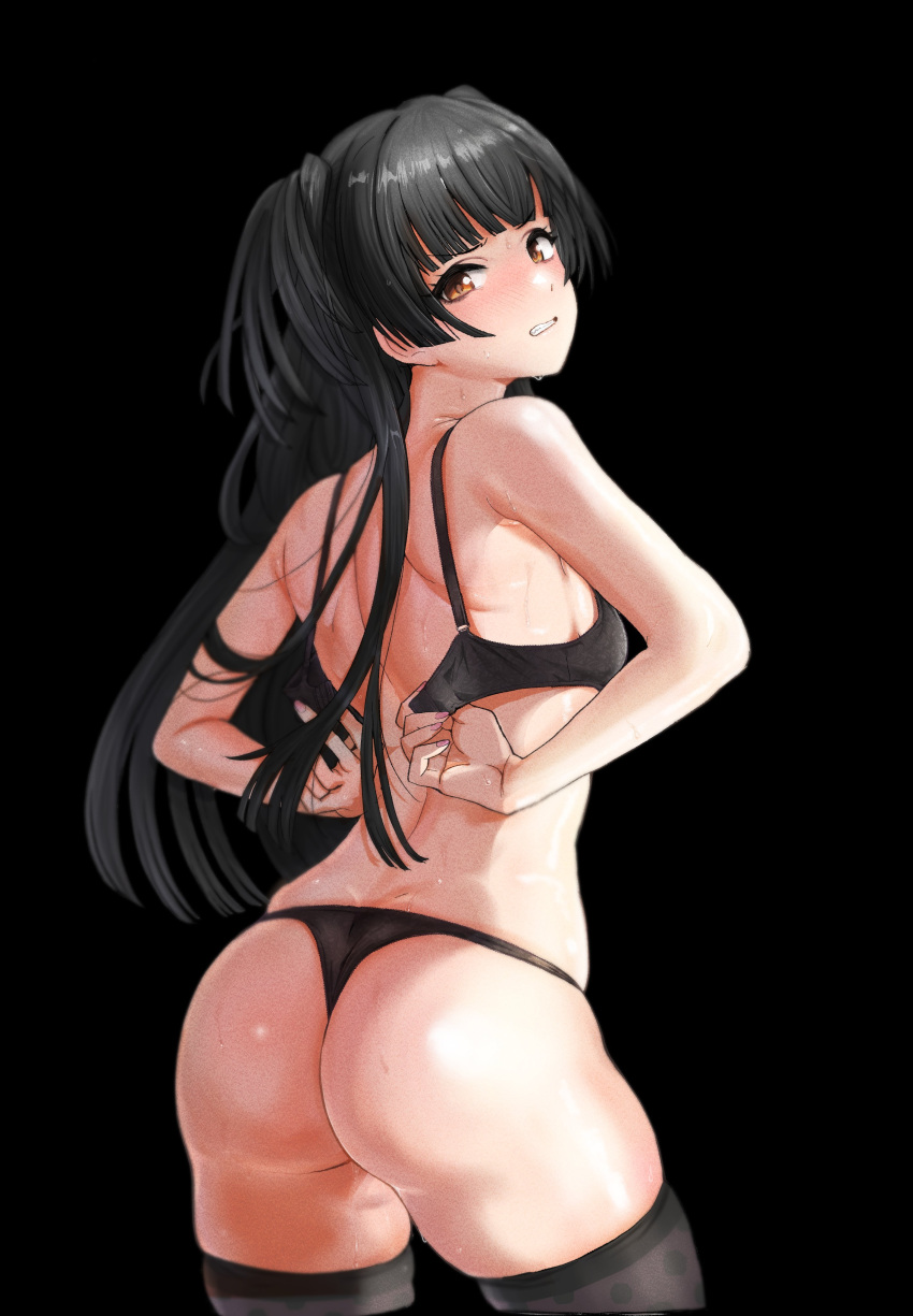 1girl, absurdres, ass, asteria_(driftingprhp), backbone, bangs, black_background, black_bra