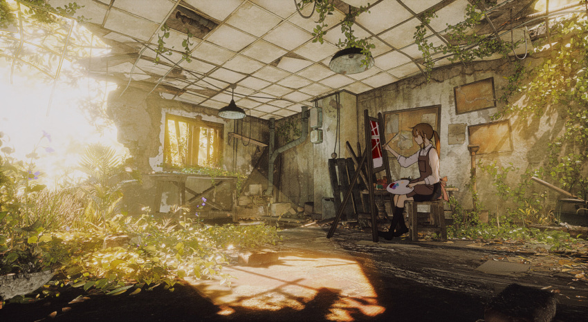 1girl, apron, bangs, black_footwear, black_legwear, brown_apron, brown_eyes, brown_hair