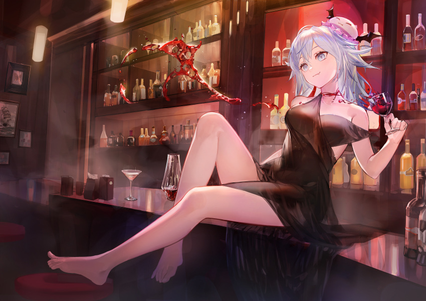1girl, absurdres, bangs, bar, bare_arms, bare_legs, bare_shoulders, barefoot, black_dress, blue_eyes, blue_hair, bottle, breasts, closed_mouth, counter, cup, dress, drinking_glass, fang, fang_out, full_body, haiyi, highres, holding, holding_cup, indoors, jellyfish_hair_ornament, legs, leiq_lei-shi_xian_gao_zha, long_hair, looking_away, medium_breasts, sitting, smile, solo, strap_slip, synthesizer_v