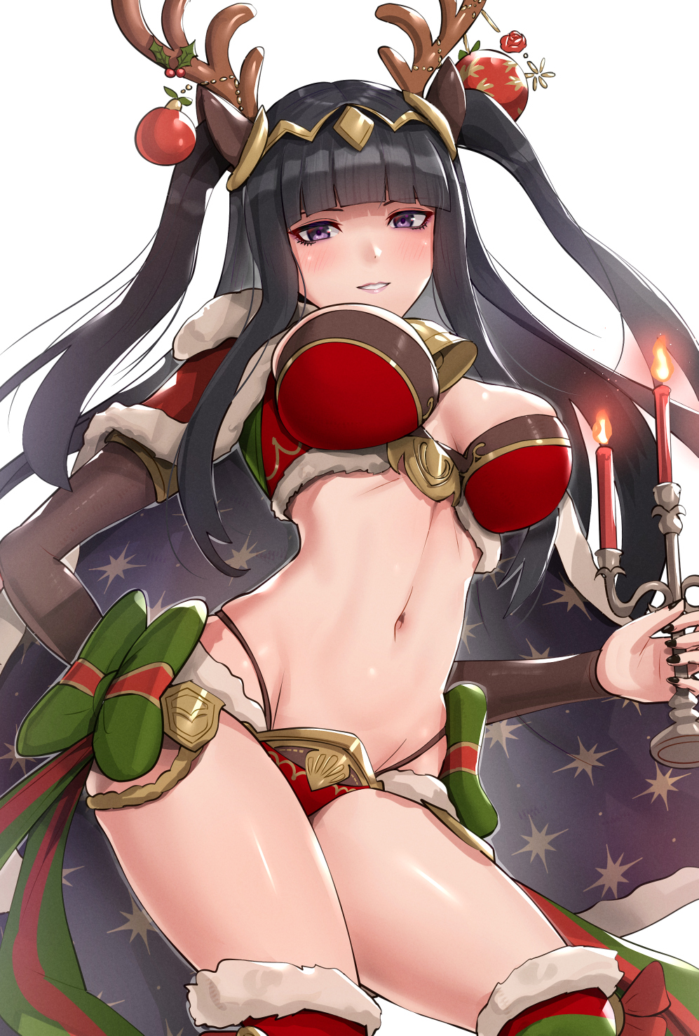 1girl, animal_ears, antlers, bangs, bikini, black_hair, black_nails, blunt_bangs