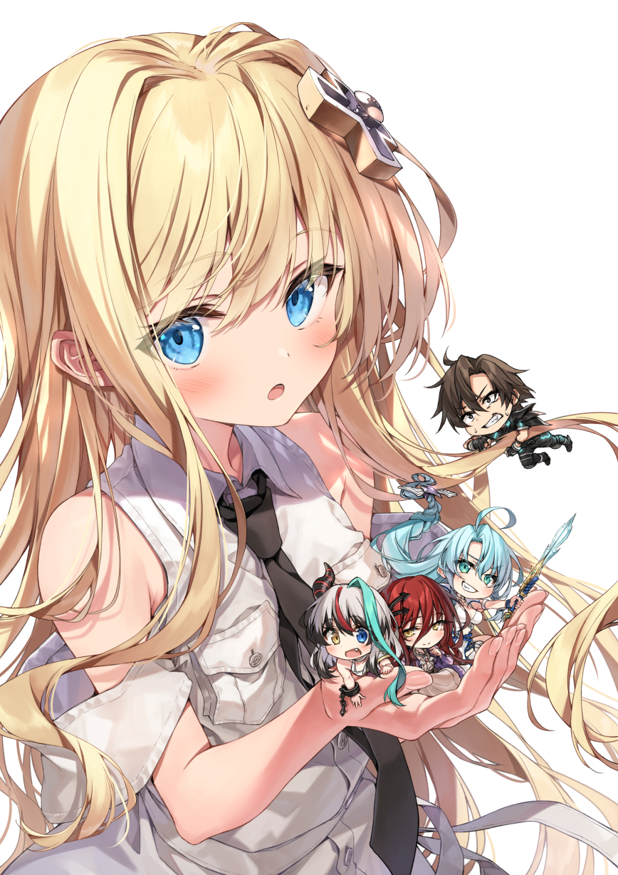 1boy, 4girls, agent_number_six, ahoge, aqua_eyes, aqua_hair, black_hair, black_necktie, blonde_hair, blue_eyes, blush, breast_pocket, buttons, clenched_teeth, closed_mouth, collared_dress, cuffs, dress, fang, grey_hair, grimm_(sentouin_hakenshimasu!), grin, heterochromia, highres, kakao_rantan, kisaragi_alice, long_hair, miniboy, minigirl, multiple_girls, necktie, open_mouth, pocket, redhead, rose_(sentouin_hakenshimasu!), sentouin_hakenshimasu!, shackles, short_hair, simple_background, smile, snow_(sentouin_hakenshimasu!), teeth, white_background, white_dress, yellow_eyes