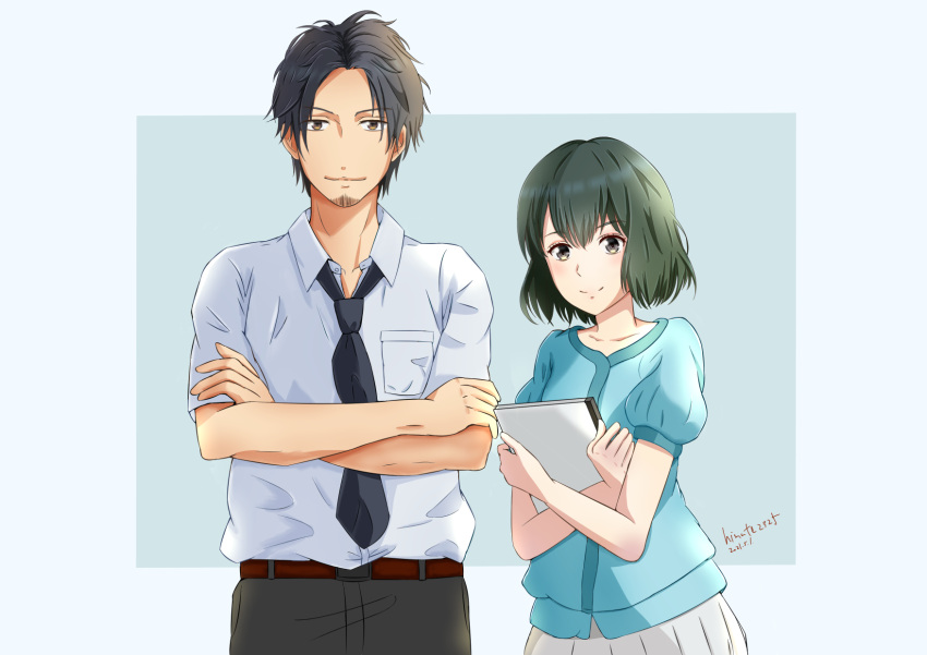 1boy, 1girl, artist_name, bangs, black_pants, book, brown_eyes, crossed_arms, dated, dojima_akira, facial_hair, highres, hinata2325, holding, holding_book, kono_oto_tomare!, looking_at_viewer, necktie, pants, parted_bangs, pocket, shirt, short_hair, short_sleeves, simple_background, skirt, smile, stubble, takinami_suzuka, white_shirt