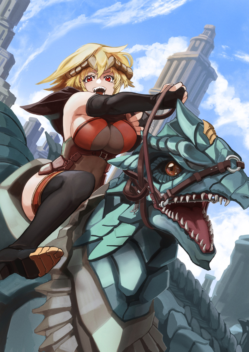 1girl, belt, black_capelet, black_footwear, black_legwear, blonde_hair, breasts, brown_eyes