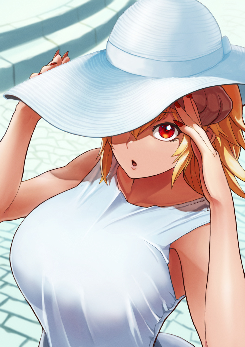1girl, blonde_hair, breasts, chestnut_mouth, fujioka_yatsufusa, hand_up, hat, highres, horns, krushu_cornou, large_breasts, looking_at_viewer, outdoors, pixiv_fantasia, pixiv_fantasia_last_saga, red_eyes, red_nails, solo, sun_hat, upper_body, white_headwear