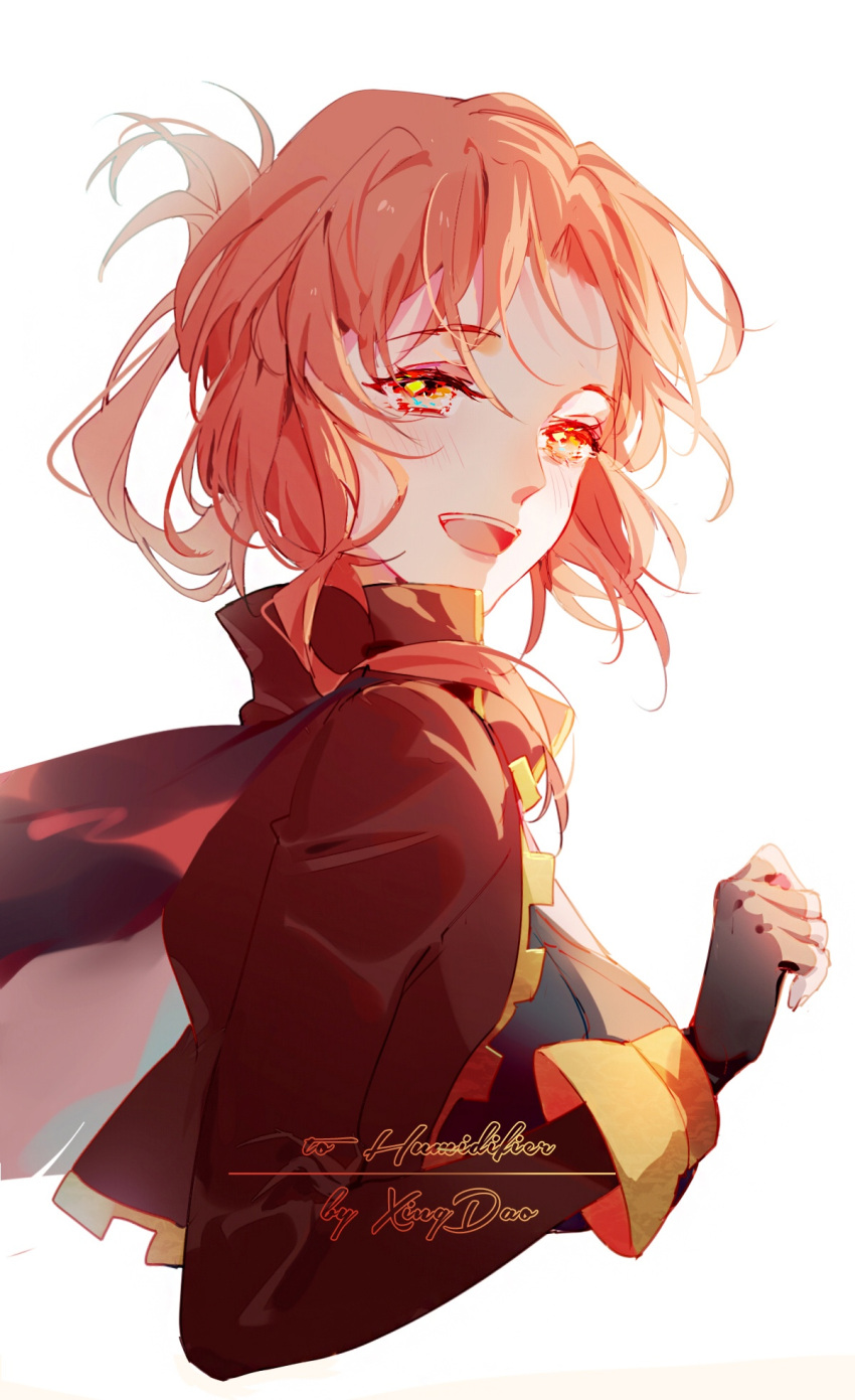 1girl, :d, artist_name, bangs, black_gloves, fingerless_gloves, forehead, gloves