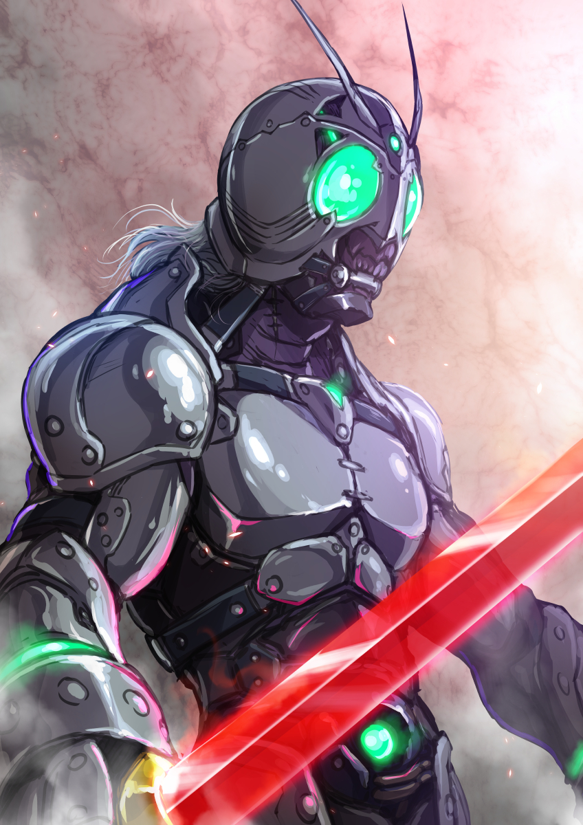1boy, antennae, armor, belt, green_eyes, helmet, highres, holding