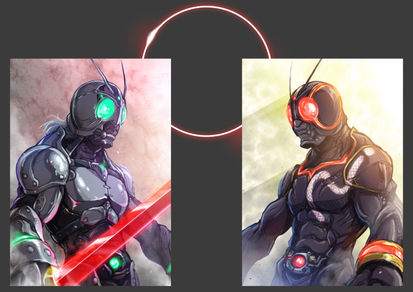 2boys, antennae, armor, belt, brothers, gloves, glowing, glowing_eyes