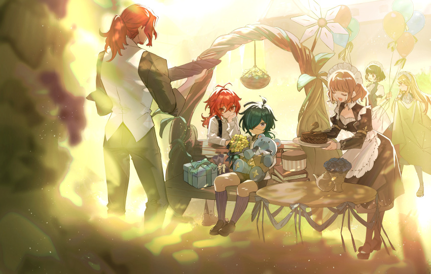 3boys, 3girls, antenna_hair, apron, balloon, bangs, bench, black_dress