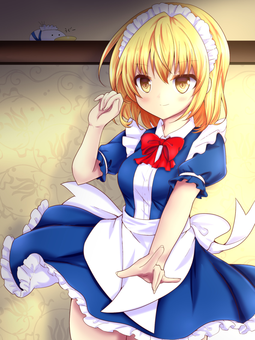 1girl, apron, back_bow, blonde_hair, blue_dress, blush, bow, bowtie