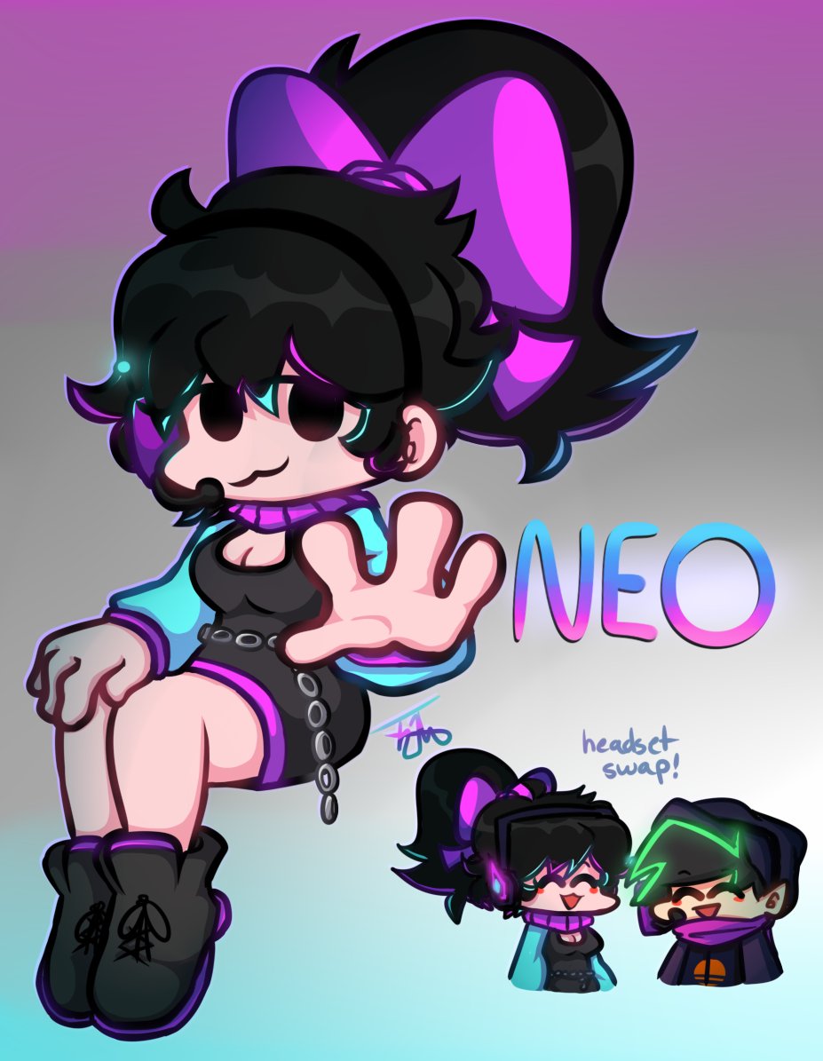 1boy, 1girl, :3, alternate_universe, belt, black_eyes, black_hair, blue_hair, blush, boyfriend_(friday_night_funkin'), breasts, cleavage, dress, english_commentary, english_text, fannamedtan, friday_night_funkin', friday_night_funkin'_neo, girlfriend_(friday_night_funkin'), gradient_background, green_hair, hair_bow, headphones, headset, multicolored_hair, pink_hair, ponytail, sitting, smile