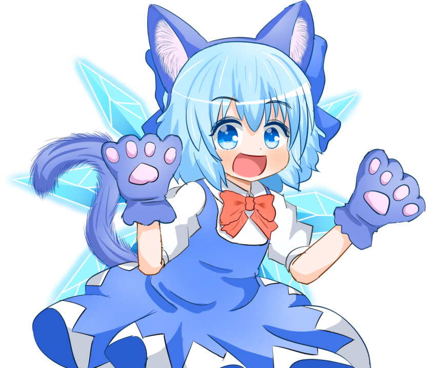 1girl, animal_ears, animal_hands, blue_bow, blue_dress, blue_eyes, blue_hair, blush