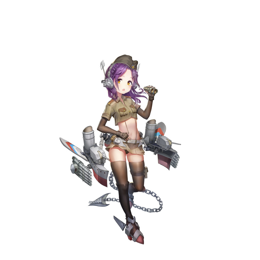 1girl, bangs, belt, binoculars, boots, brown_eyes, brown_footwear, brown_gloves, brown_legwear, brown_sleeves, caoyao, chain, crop_top, detached_sleeves, drop-leg, epaulettes, eyes_visible_through_hair, fingerless_gloves, full_body, gloves, green_headwear, green_skirt, headphones, highres, holding, holding_binoculars, looking_at_viewer, machinery, mecha_musume, midriff, military, military_jacket, military_uniform, miniskirt, official_art, open_mouth, panties, pantyshot, parted_bangs, pouch, pulled_by_self, purple_hair, rigging, sajkaca, skirt, sleeves_rolled_up, solo, split_(warship_girls_r), standing, standing_on_one_leg, string_pull, tachi-e, teeth, thigh-highs, torpedo, torpedo_launcher, torpedo_tubes, transparent_background, turret, underwear, uniform, upper_teeth, warship_girls_r, zettai_ryouiki