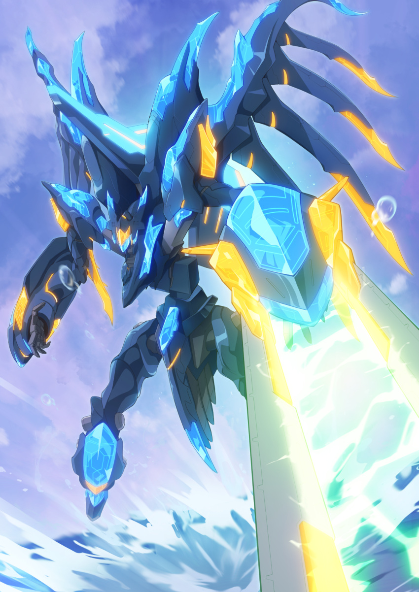arm_blade, clouds, energy, energy_cannon, floating, gamiani_zero, glowing, highres
