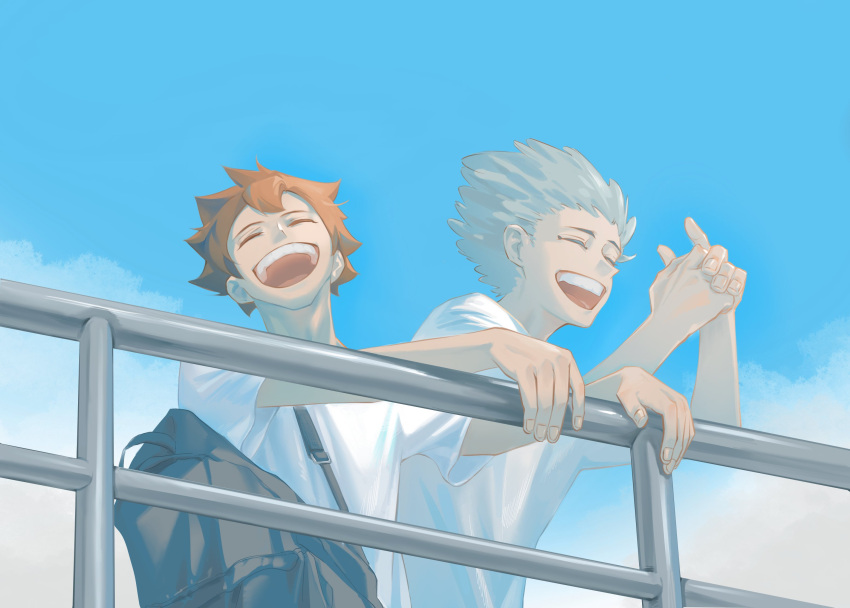 2boys, backpack, bag, blue_sky, bn3ppo, closed_eyes, commentary, grin