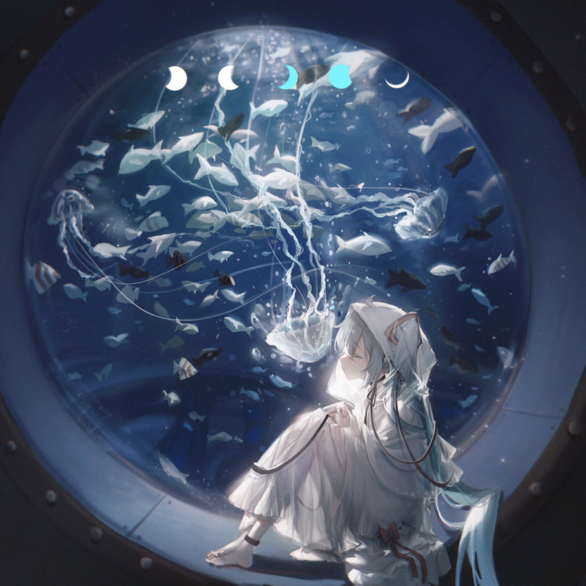 1girl, ahoge, air_bubble, ankle_cuffs, bangs, barefoot, bow, bubble