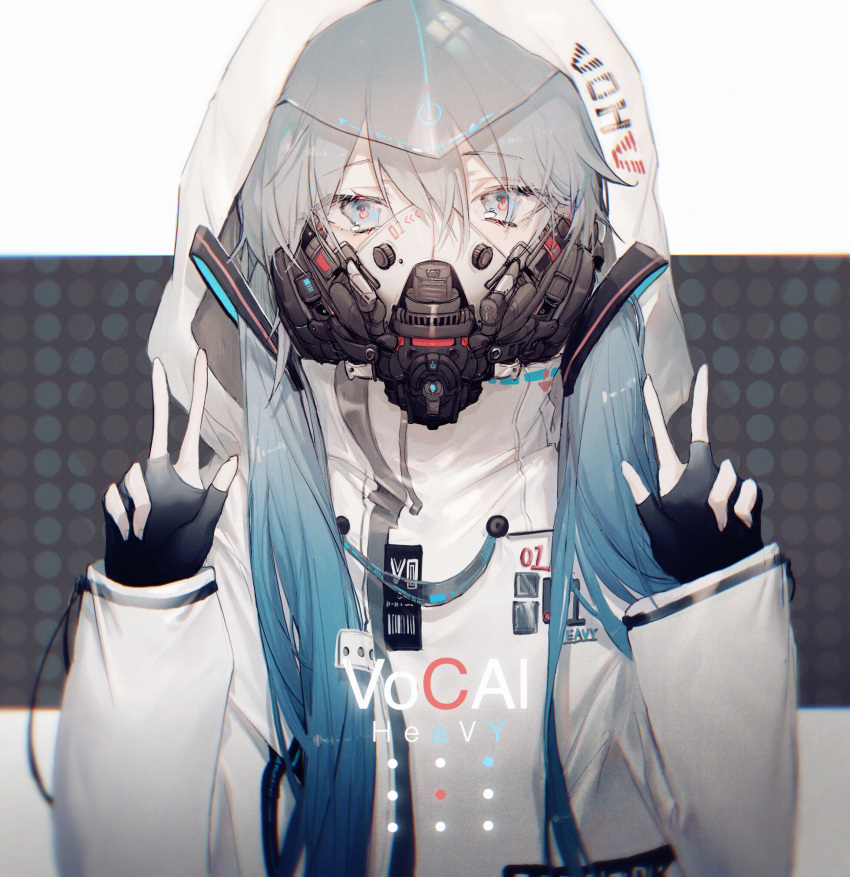 1girl, aqua_eyes, aqua_hair, bangs, black_gloves, blue_eyes, blue_hair, clothes_writing